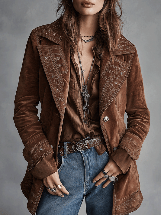 Vintage Brown Suede Western Stitch Detailing Jacket