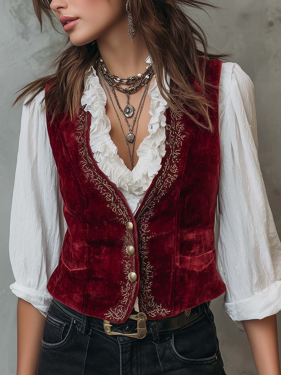 Burgundy Velvet Embroidered Vest With Vintage Gold Buttons