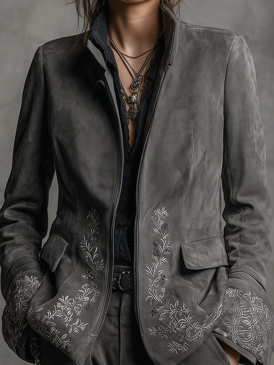 Boho Rock Stand Collar Embroidered Suede Jacket