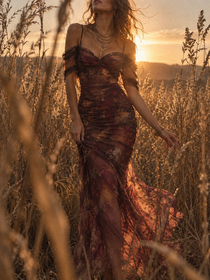 Vintage Floral Print Off-the-Shoulder Ruched Mesh Mermaid Maxi Dress