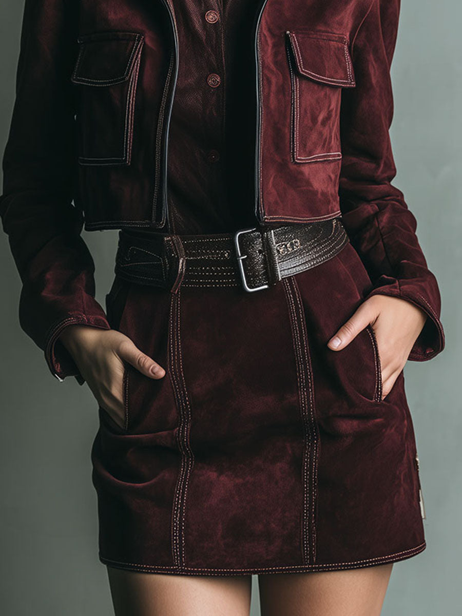 Retro Burgundy Suede Cropped Jacket & Mini Skirt Two-Piece Set