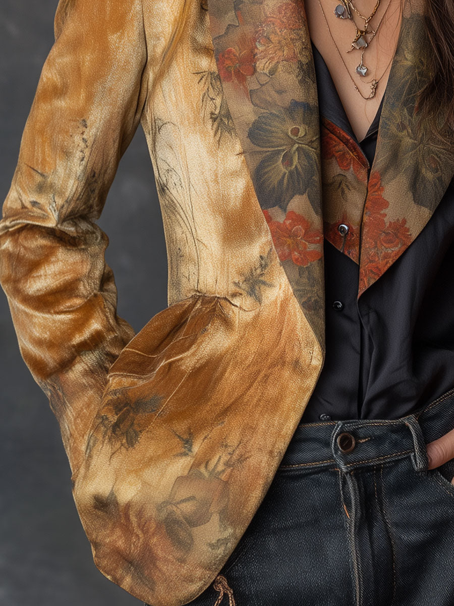 Vintage Suede Oil Painting Flower Print Lapel Blazer