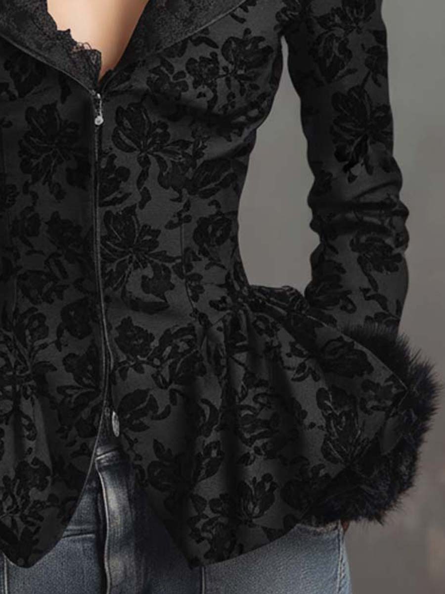 Vintage Jacquard Peplum Jacket With Detachable Faux Fur Collar