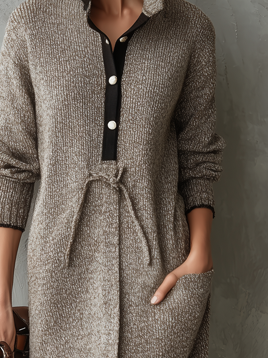 Retro Contrast Collar Long Sleeve Knitted Midi Dress