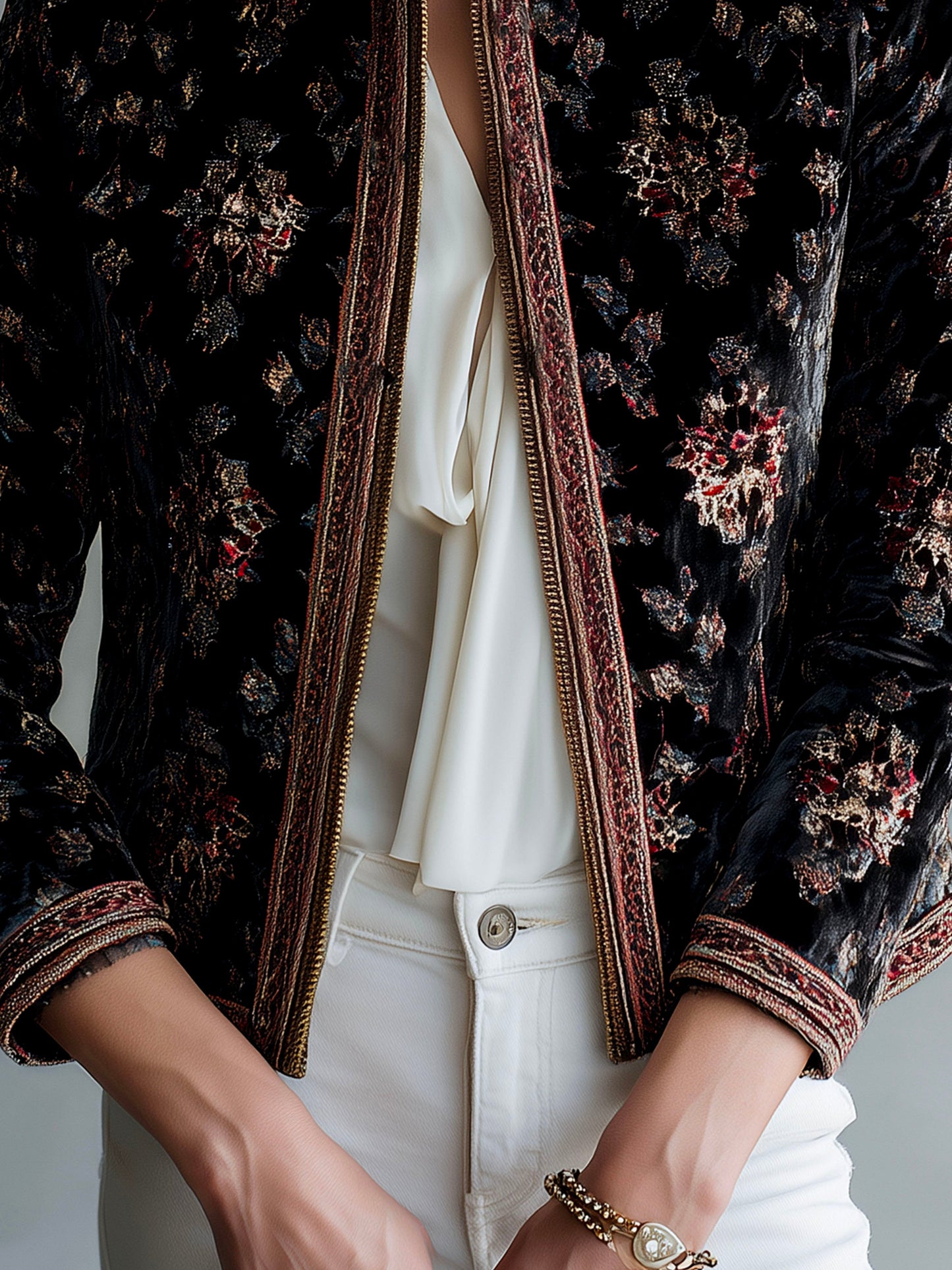 Elegant Black Print Zipper Velvet Jacket With Ribbon Accents