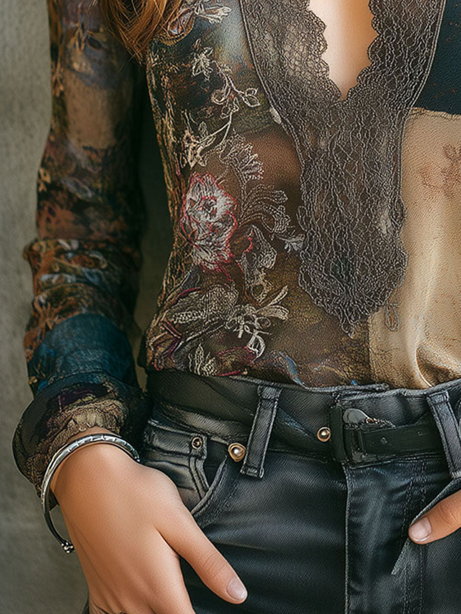 V Neck Lace Trim Floral Boho Patchwork Blouse