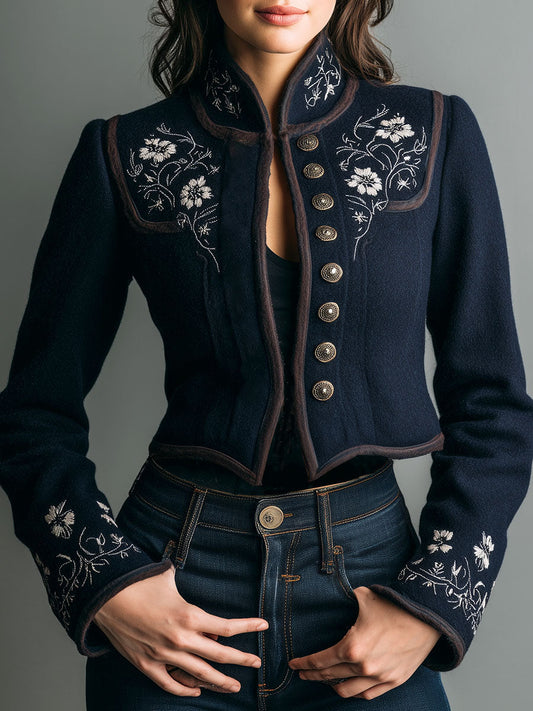 Navy Wool High-Neck Cropped Jacket With Floral Embroidery