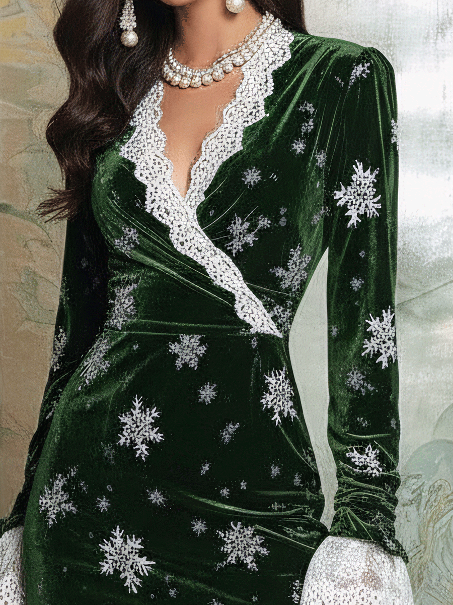 Elegant Winter Velvet Lace Trim Mini Dress