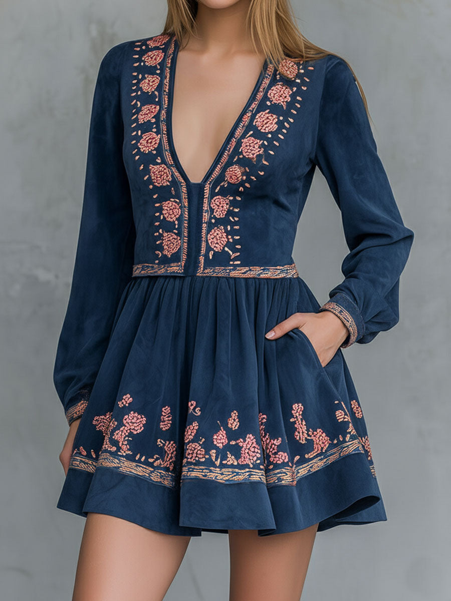 Boho V-Neck Navy Floral Embroidered Mini Dress With Side Pockets