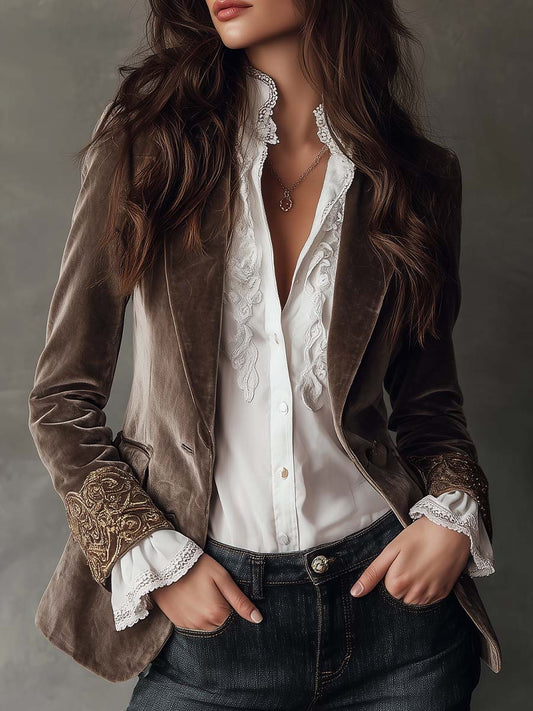 Mink Taupe Embroidered Polyester Velvet Blazer