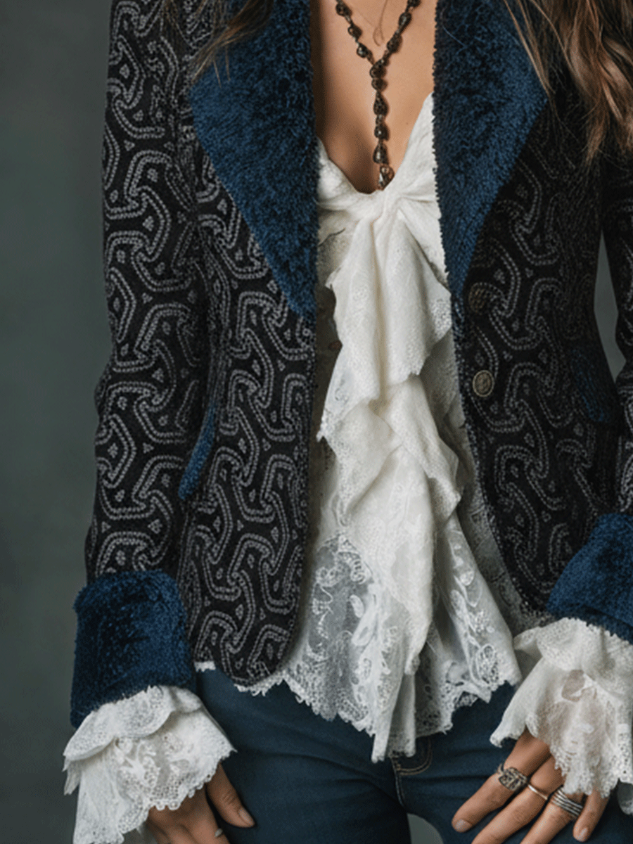 Vintage Navy Jacquard Lapel Tailored Blazer