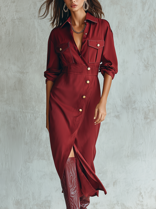 Retro Buttons Long-sleeved Shirt Midi Dress