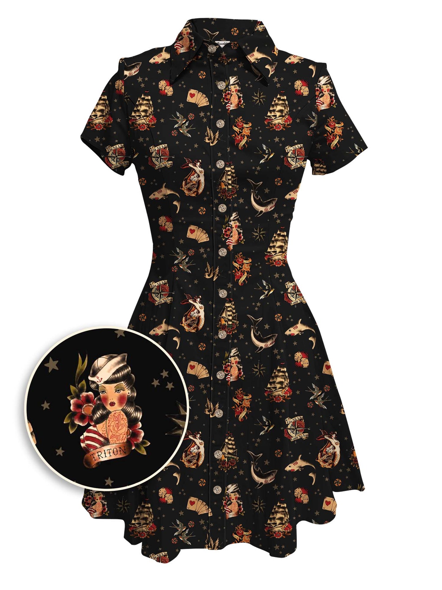 Tattooed Sailor And Mermaid - 100% Cotton Double Pocket Dress