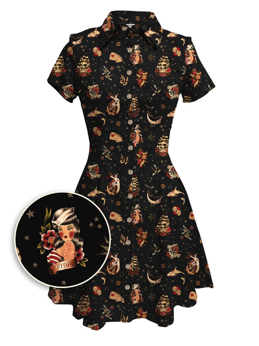 Tattooed Sailor And Mermaid - 100% Cotton Double Pocket Dress
