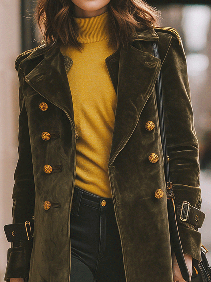 Casual Luxury Velvet Dark Olive Green Coat