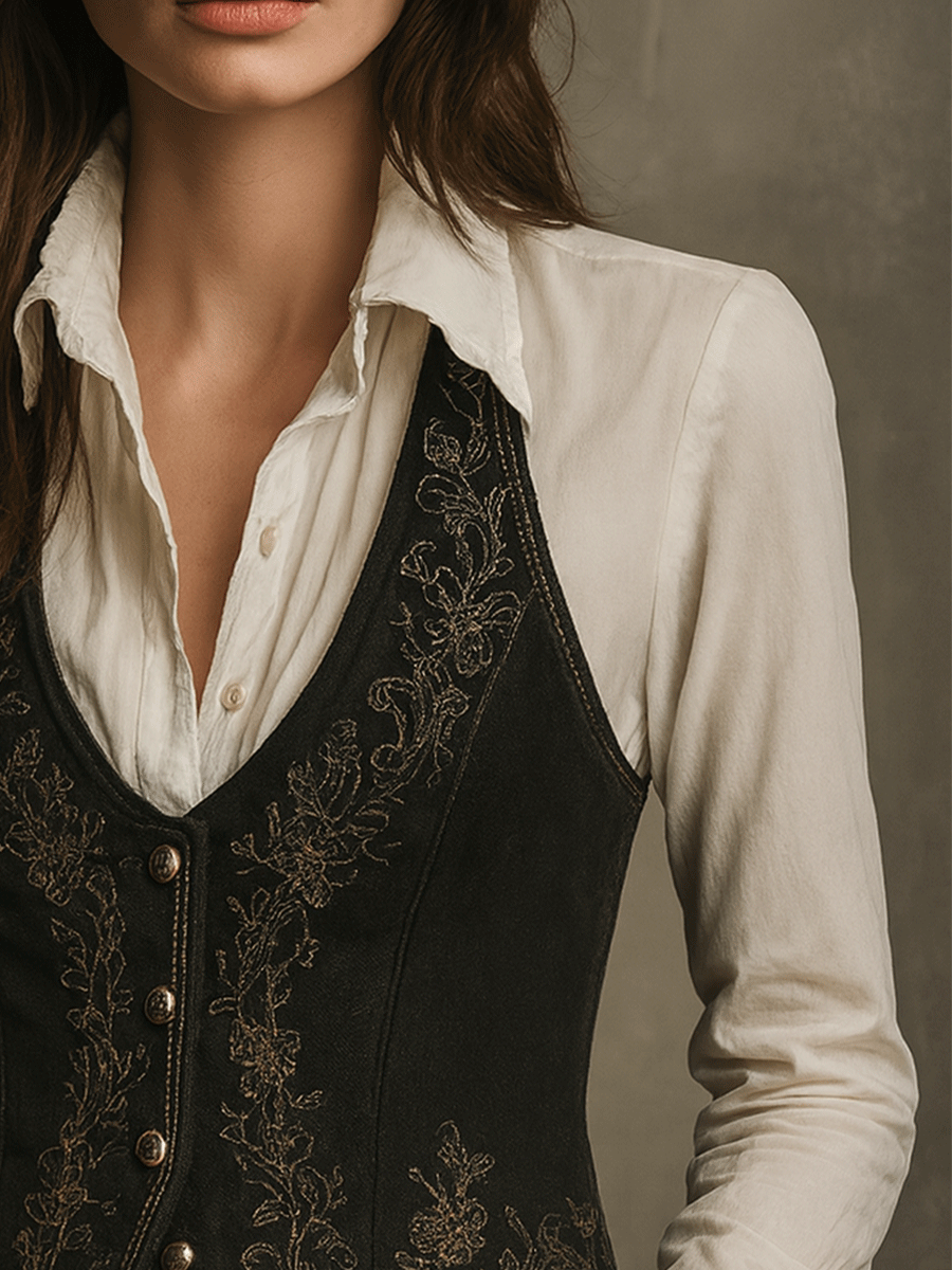Boho Black Embroidered Velvet Waistcoat