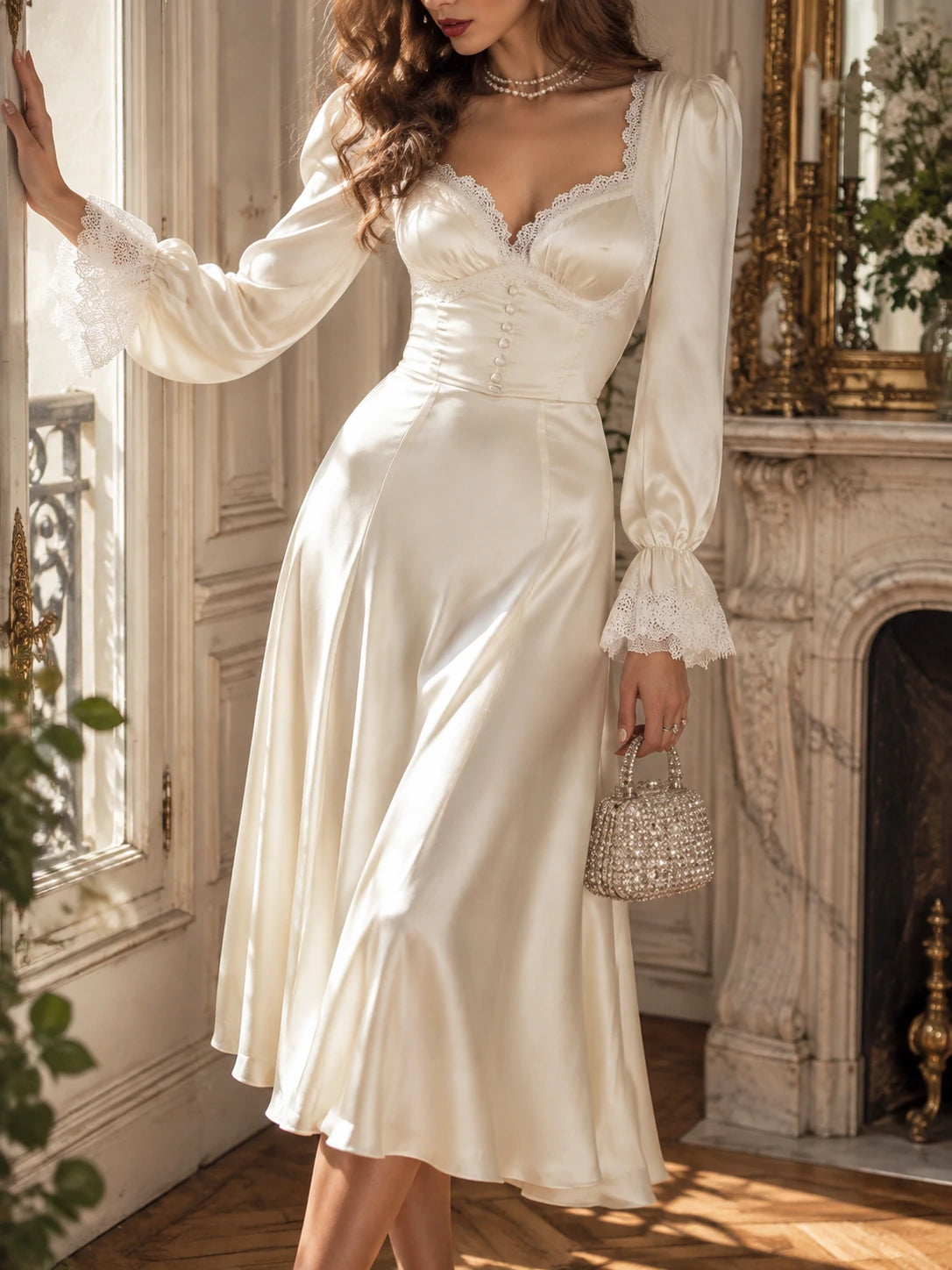 Vintage Lace Trim Polyester Satin Midi Dress