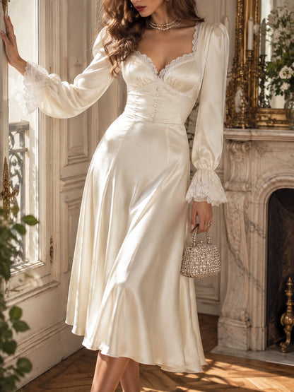 Vintage Lace Trim Polyester Satin Midi Dress