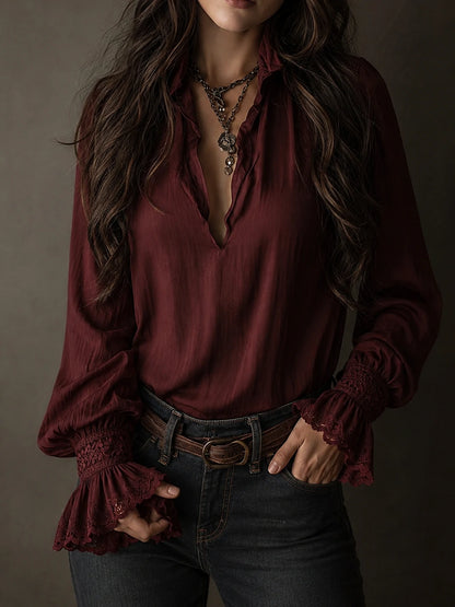 Boho V-Neck Deep Wine Red Blouse With Lace Cuffs
