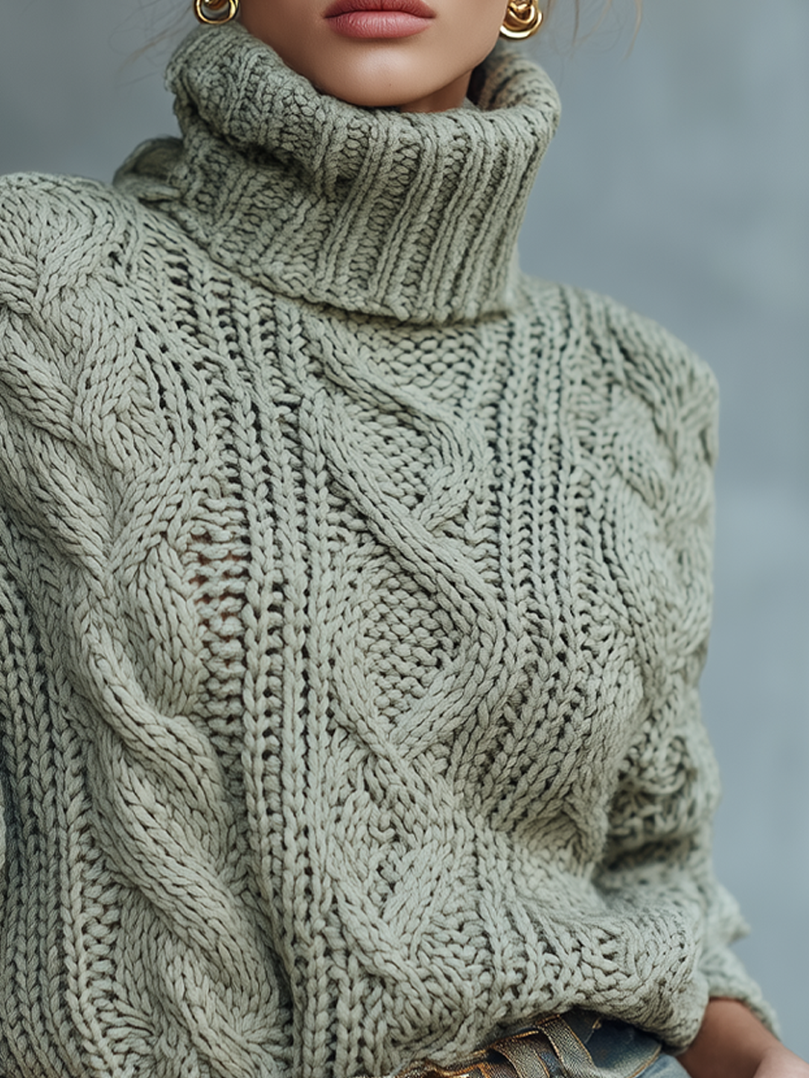 Vintage Turtleneck Cable Loose Sweater