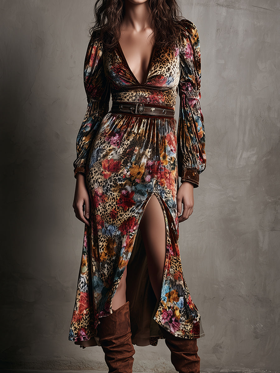 Exotic Elegance Sahara Bloom Velvet Slit Maxi Dress