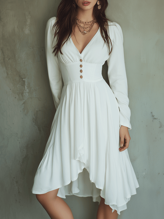 Elegant White V-Neck Fit & Flare Midi Dress