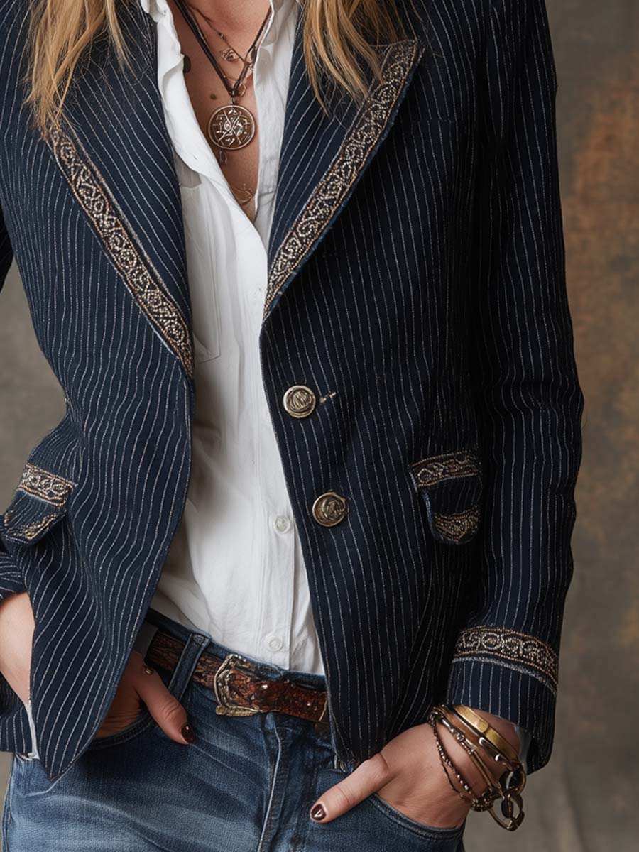 Retro Striped Embroidered Blazer