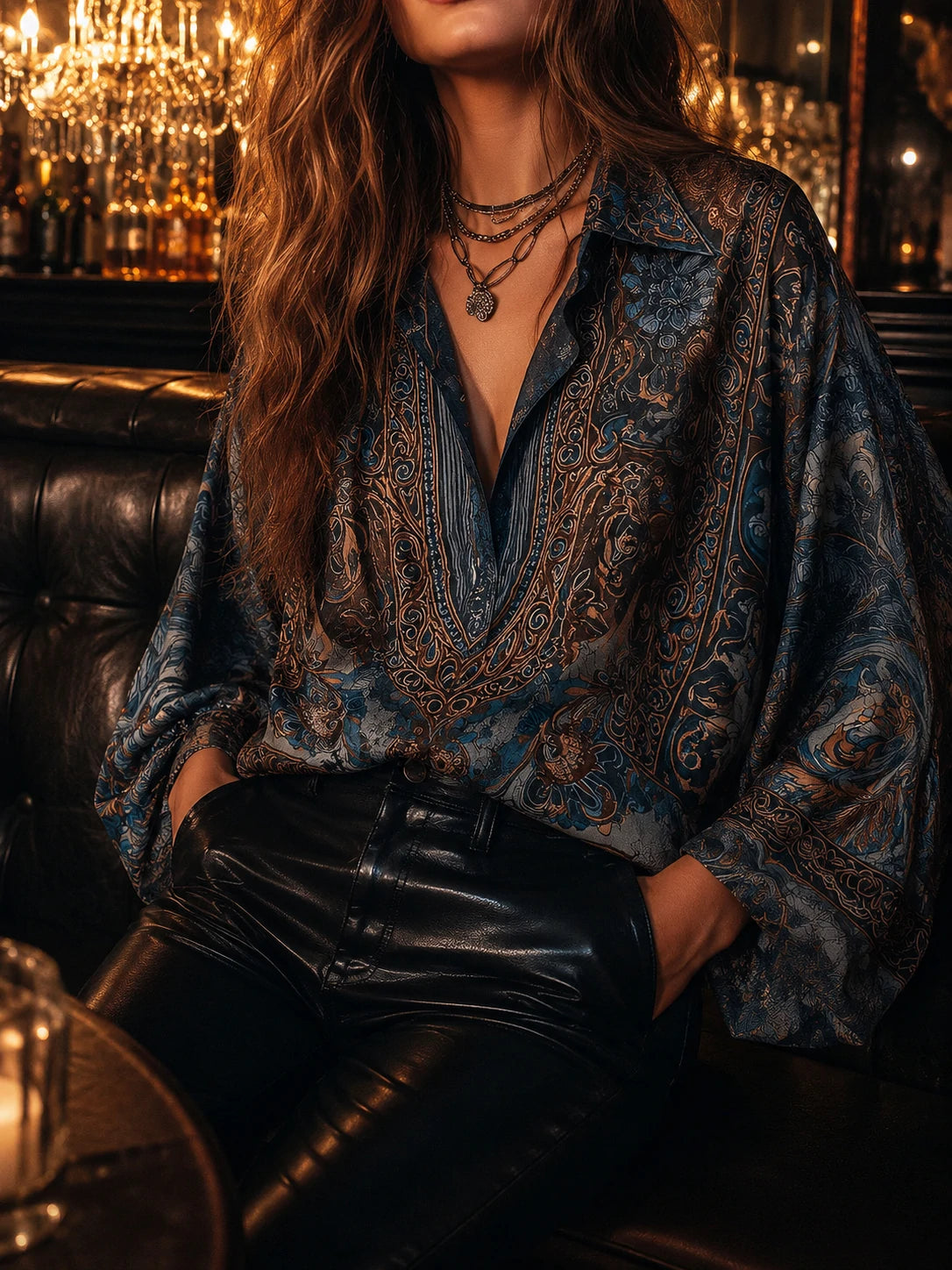 Retro Blue Bronze Baroque Paisley Print Loose Blouse