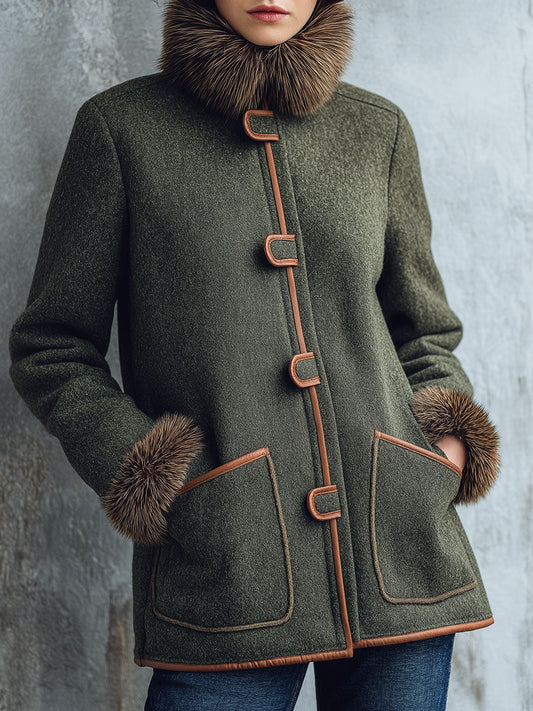Vintage Wool-Blend Mid-Length Coat With Eco Fur Collar And Cuffs