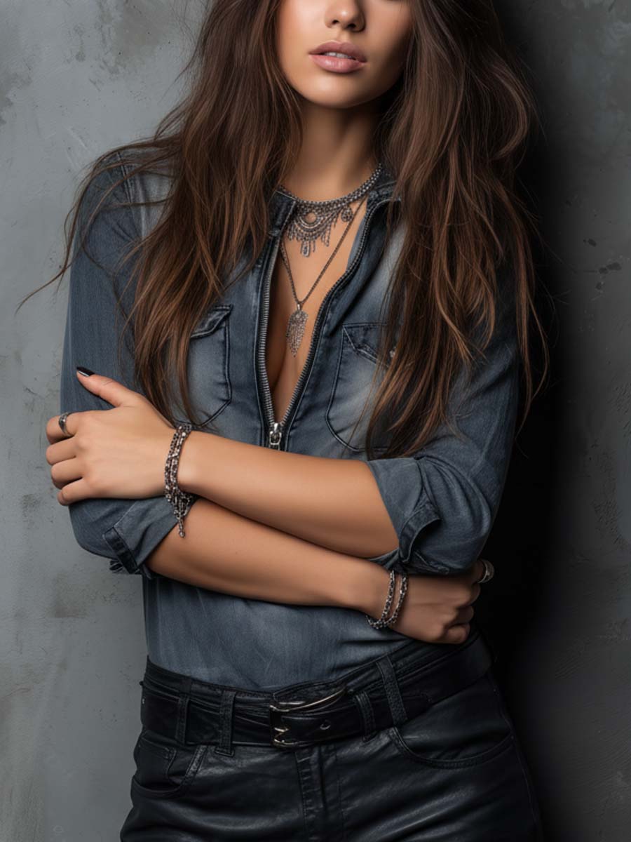 Steel-Fade Washed Denim Zip-Front Shirt