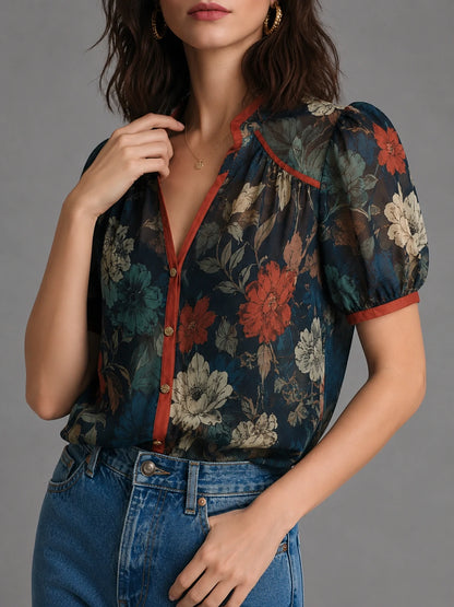 Vintage Botanical Puff Sleeve Blouse