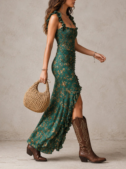 Bohemian Ruffled Sleeve High Slit Maxi Dress