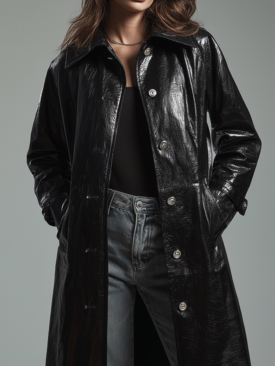 Vintage Sleek Patent Black Statement Coat
