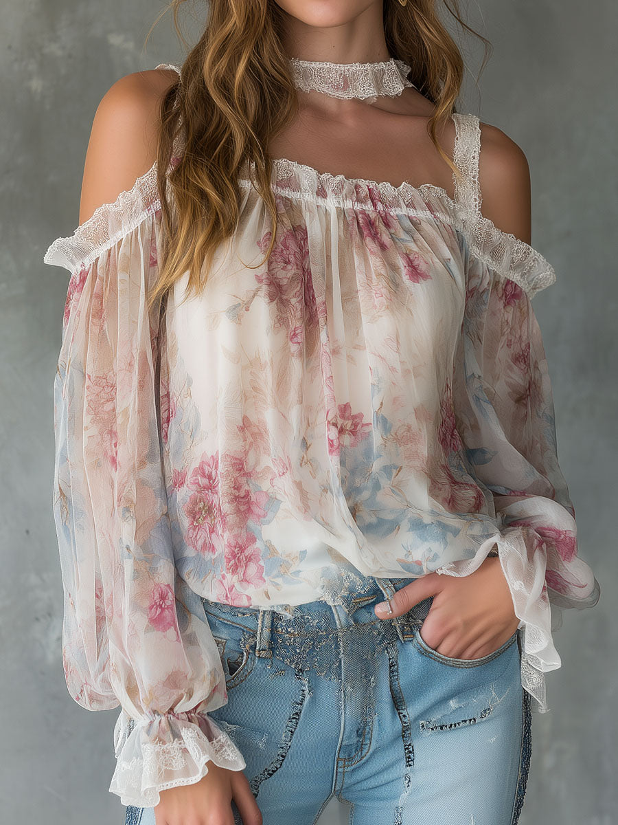 Boho Cold Shoulder Lace Trim Sheer Floral Chiffon Blouse