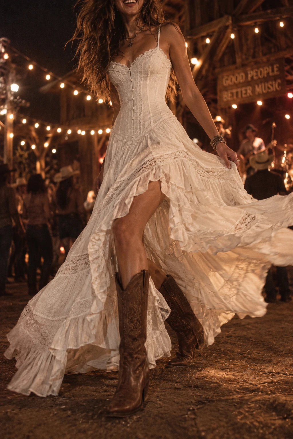White Lace Corset Spaghetti Strap Ruffle Maxi Dress