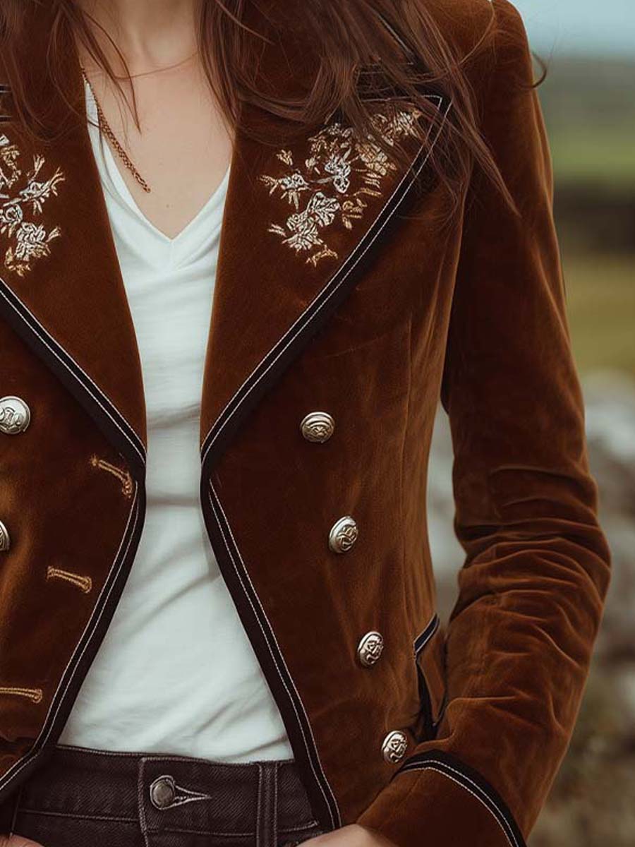 Caramel Velvet Embroidered Lapel Double-Breasted Jacket