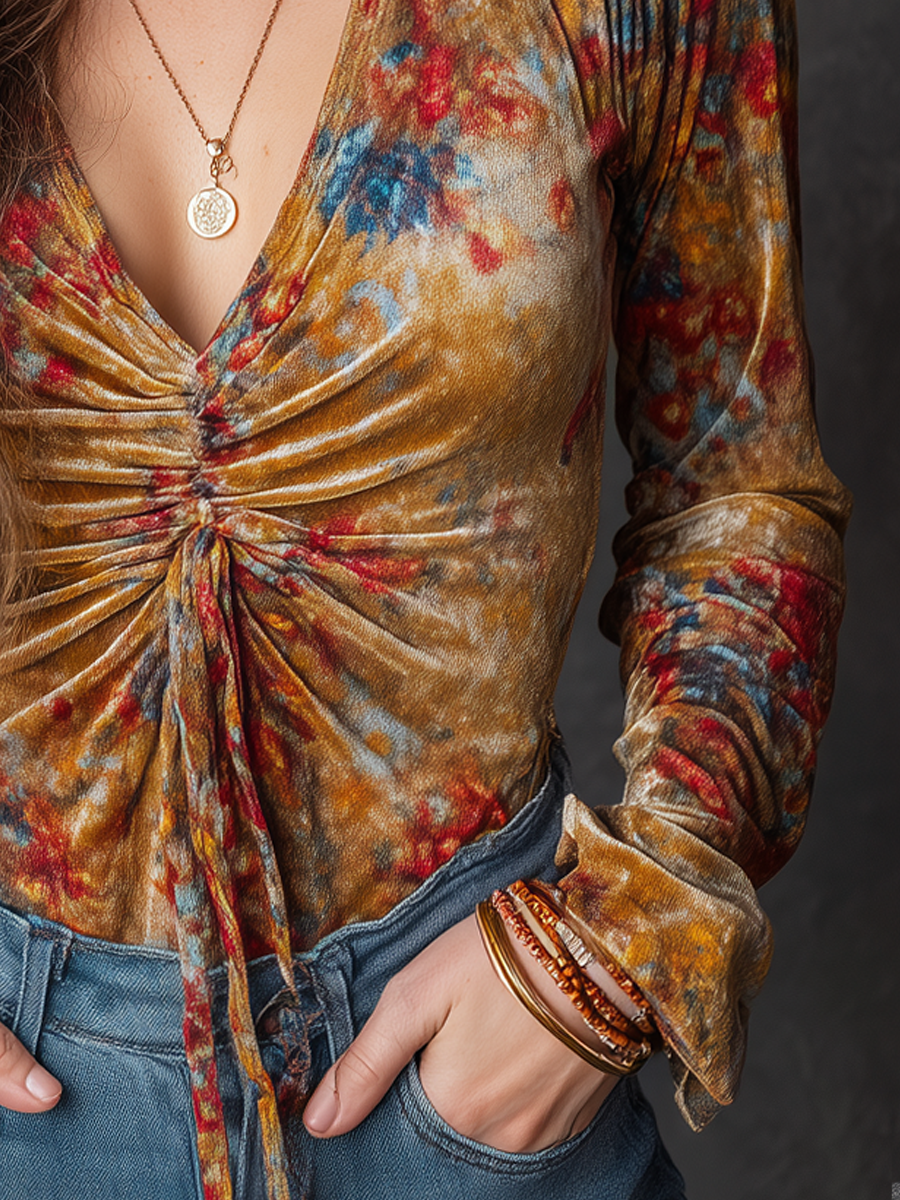 Vintage Floral Printed V-neck Long Sleeve Blouse