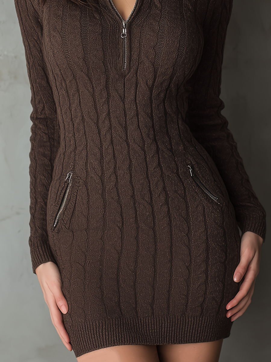Retro Zipper Collar Pockets Cable Knitted Mini Dress