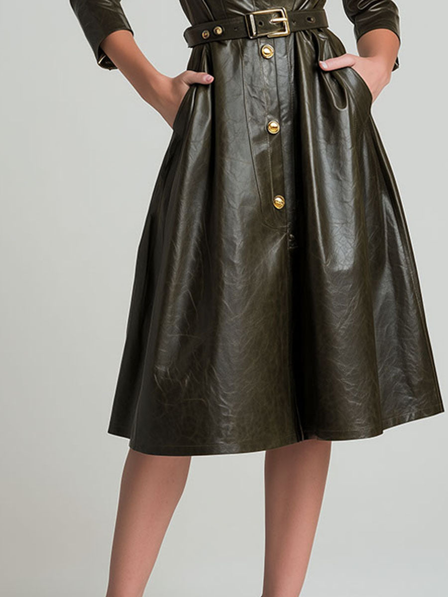 Elegant Olive Eco Leather Fit-and-Flare Midi Shirt Dress