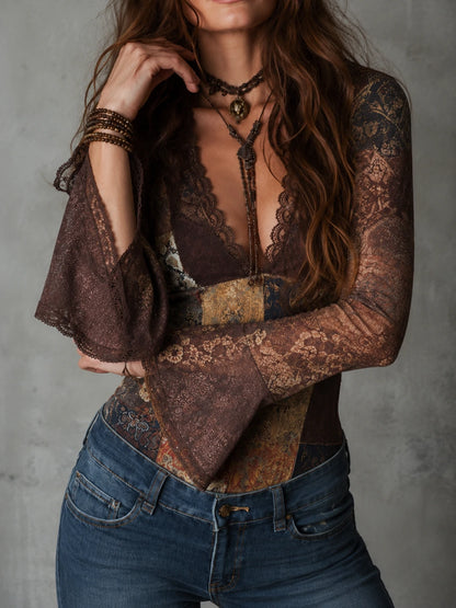 Retro Boho Patchwork Floral Print Lace Trim Top