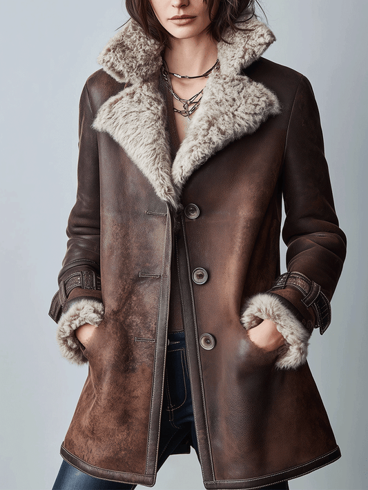 Retro Classic Warm Brown Faux Sheepskin Coat