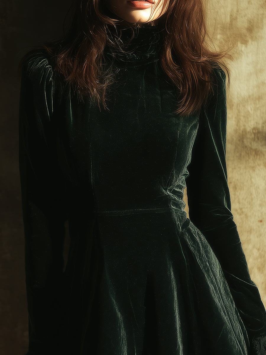 Quiet Luxury Velvet Half Turtleneck Lace Cuffs Mini Dress