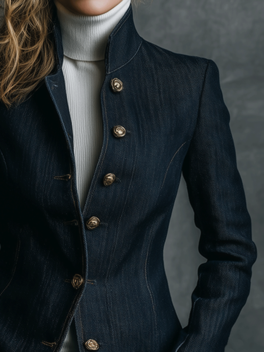 Vintage High Collar Classic Curve Cut Denim Brass Button Jacket