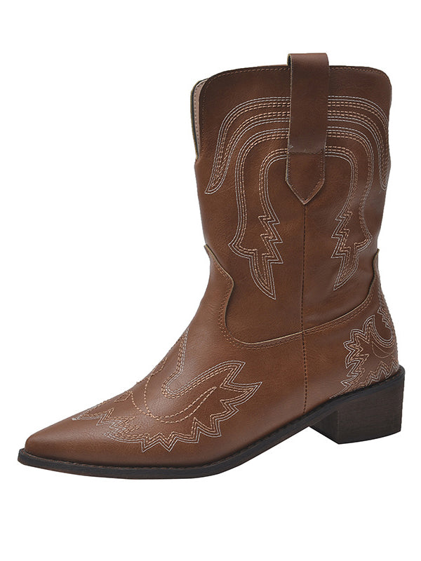 Retro Embroidered Western Cowboy Boots Pointed Toe V-neck Short Boots Thick Heel Sleeve Martin Boots