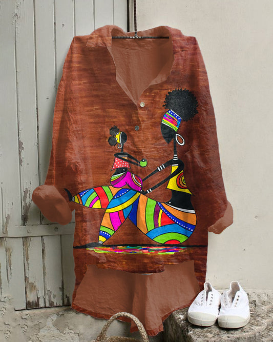 Black Tribal Mother Cotton And Linen Tunic Shirt