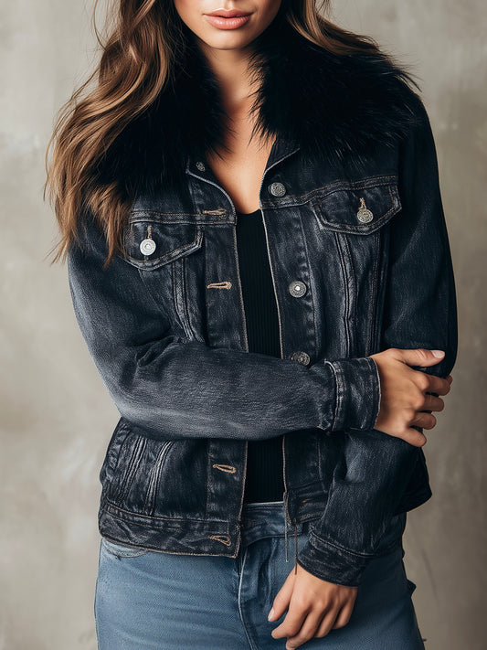 Classic Dark Blue Eco Fur Collar Denim Jacket