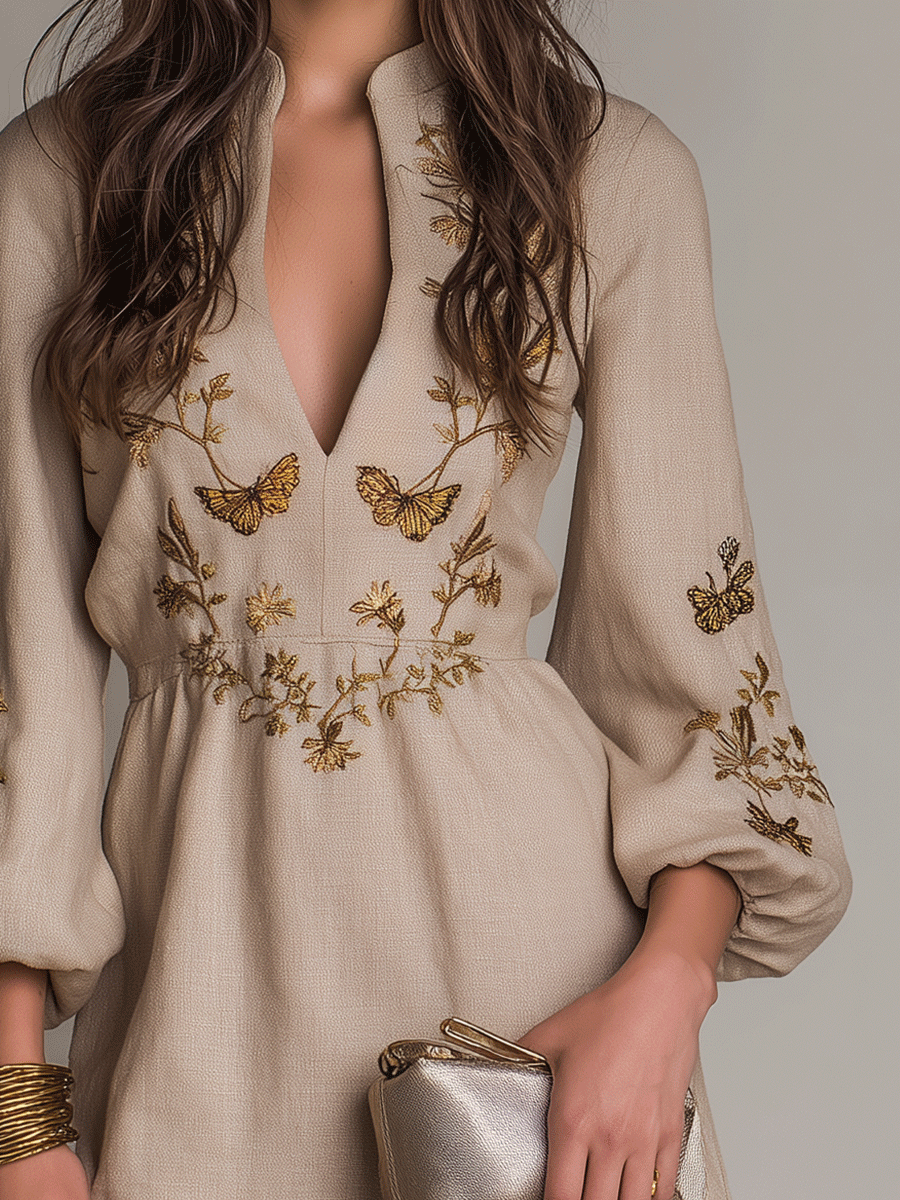 Bohemian Puff Sleeve Embroidered Short Mini Dress