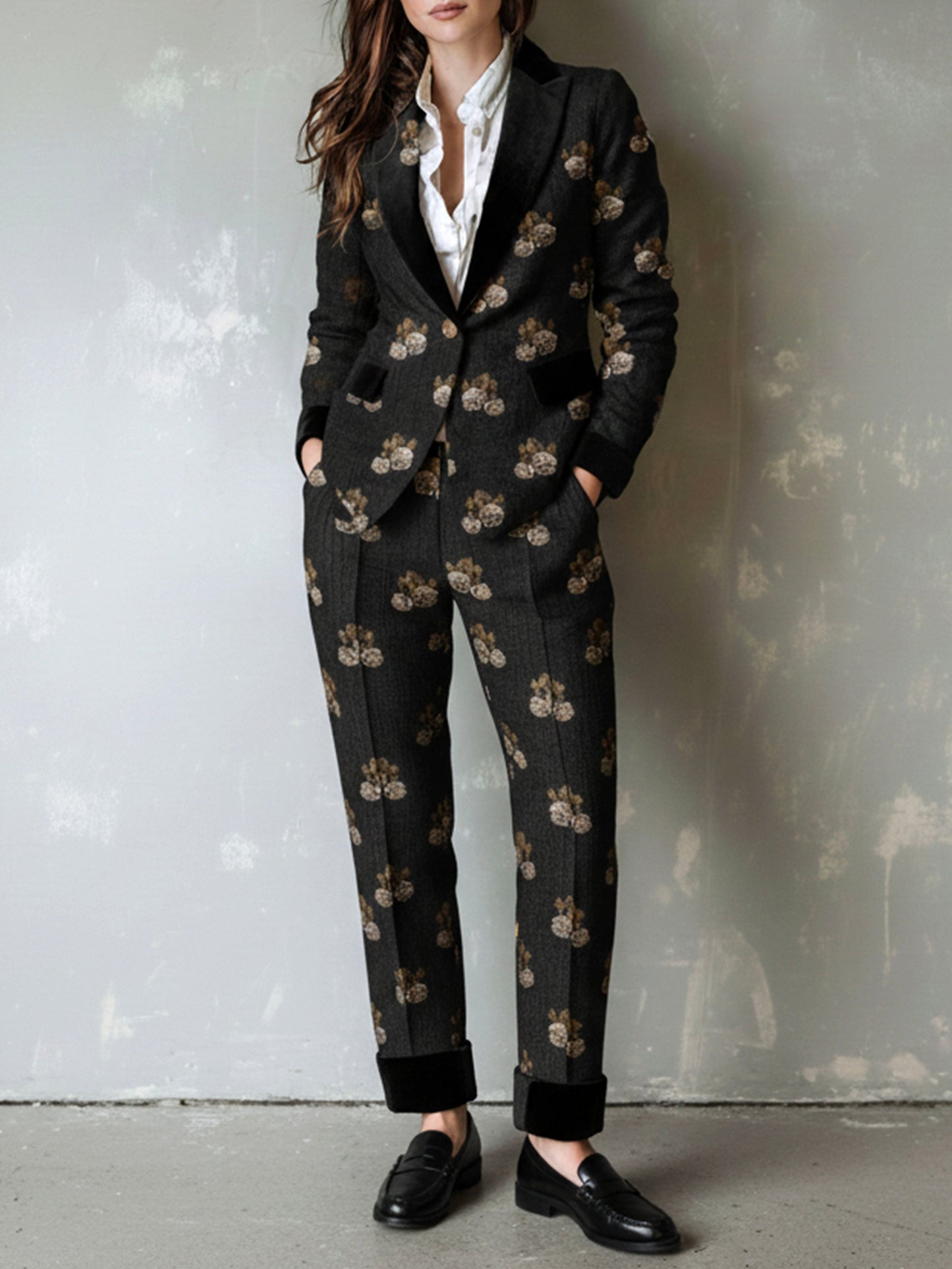 Black Textured Rose Jacquard Tailored Blazer With Velvet Trim