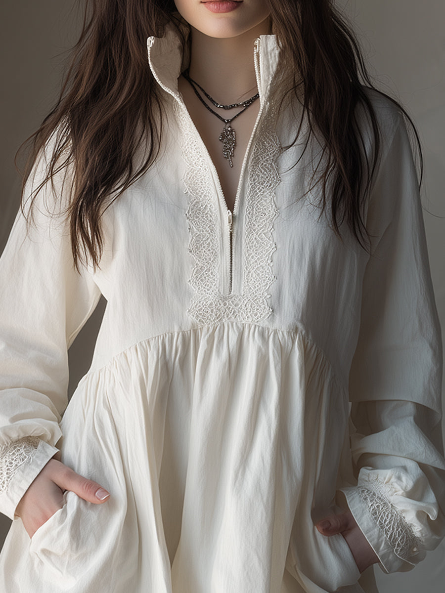 Retro Cotton-blend Lace Trim Half-zip Mini Dress