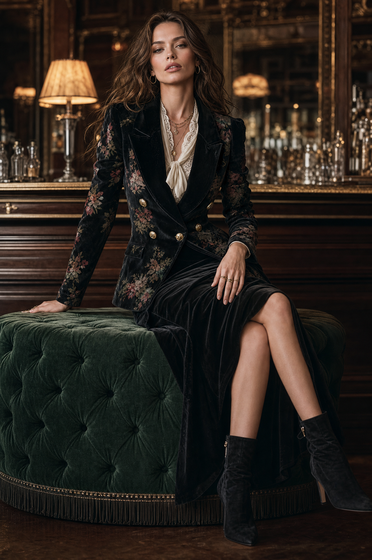 Quiet Luxury Velvet Printed Lapel Slim-fit Blazer WithButton Details